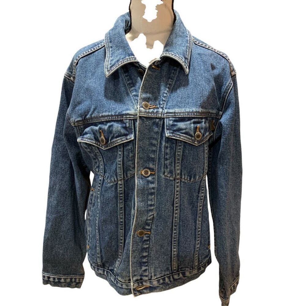 Timberland VTG 90s Jean Jacket Leather Trim Mid Wash Blue Western Trucker Men XS